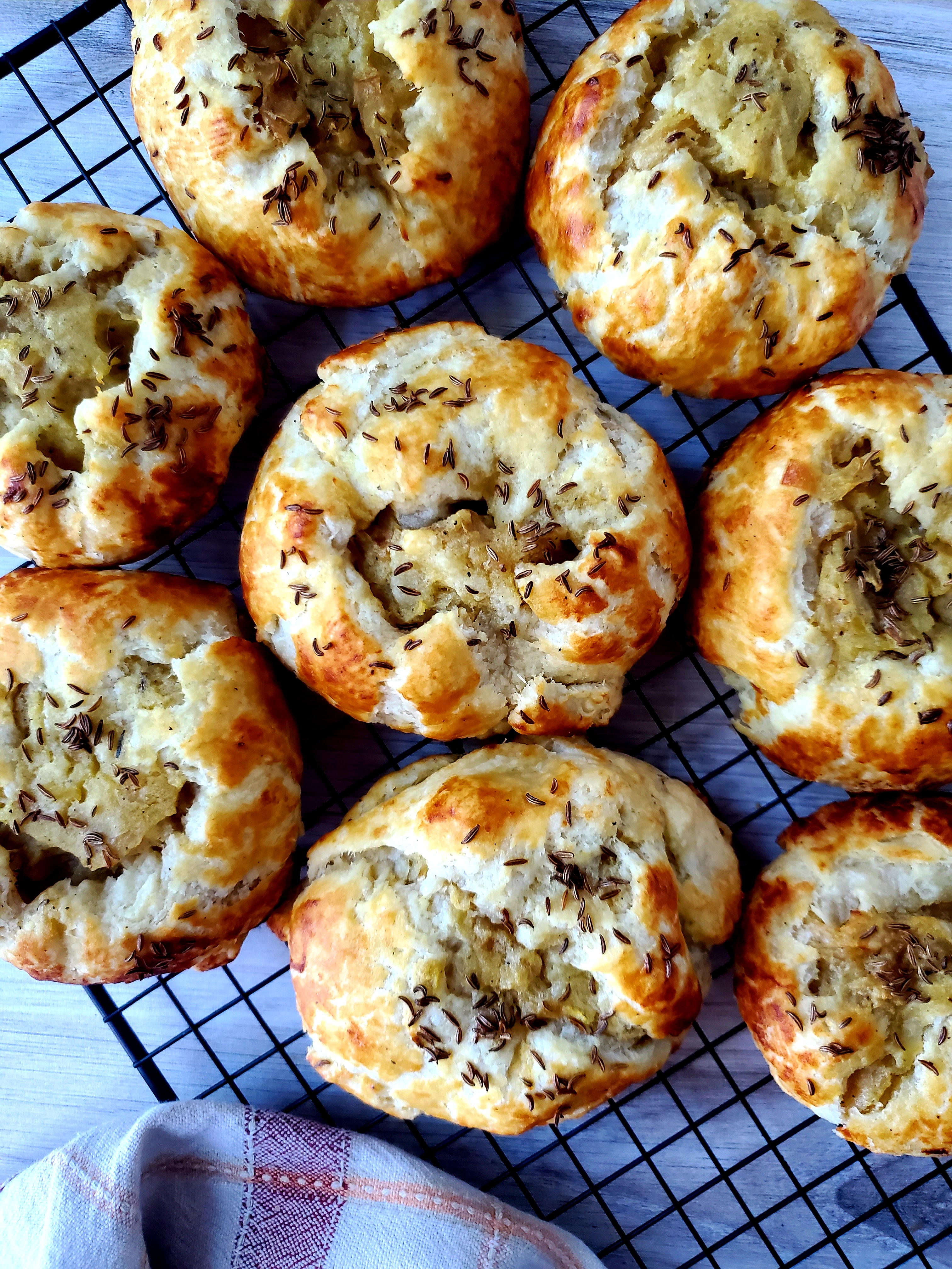 potato and onion knish with caraway seeds